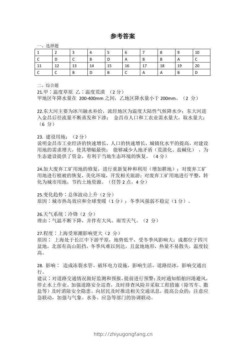 2021年高考地理试题（上海）（答案）-学习资料站