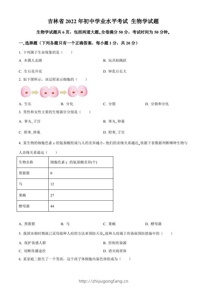 2022年吉林省大安市中考生物真题（空白卷）(1)-学习资料站