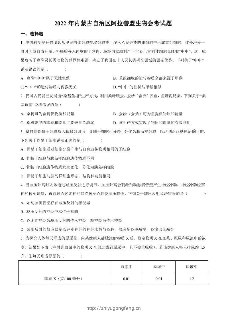 2022年内蒙古自治区阿拉善盟生物会考试题（空白卷）-学习资料站
