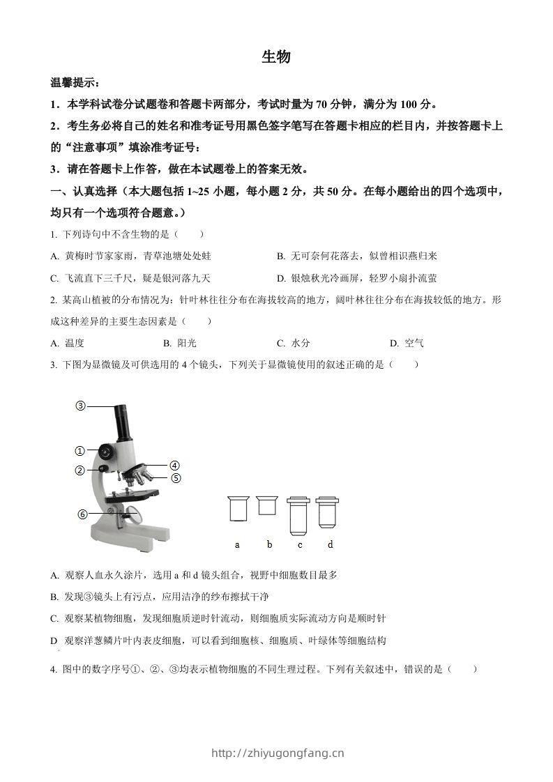 2023年湖南省邵阳市中考生物真题（空白卷）-学习资料站