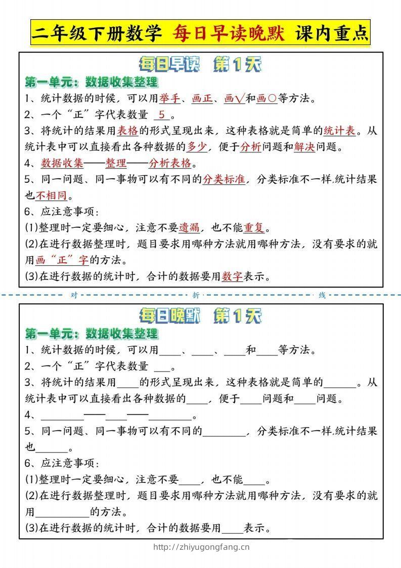 二下人教版数学【每日晨读晚默-重点知识点】-学习资料站