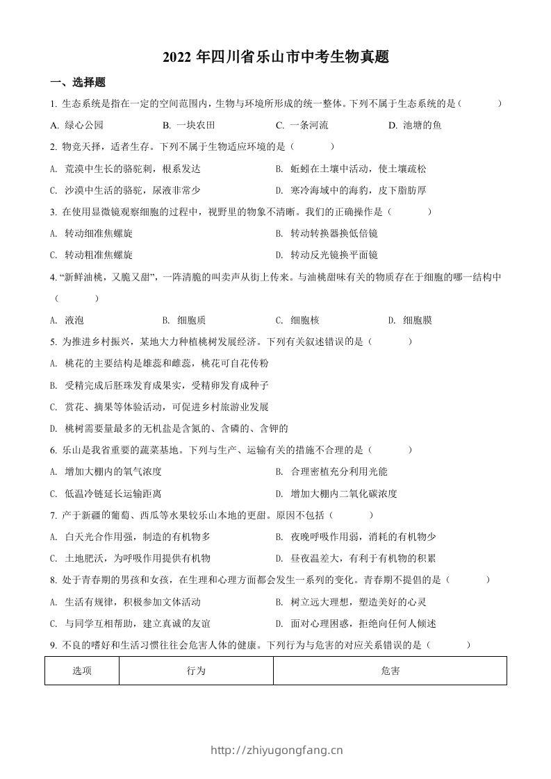 2022年四川省乐山市中考生物真题（空白卷）-学习资料站