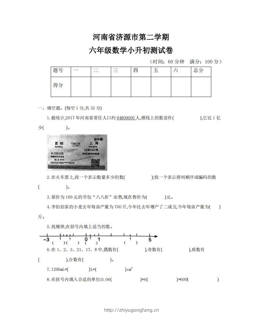 六（下）河南省数学小升初测试卷-学习资料站
