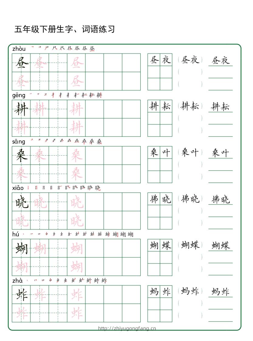 五年级下册语文生字词语练字（30页秋版）-学习资料站