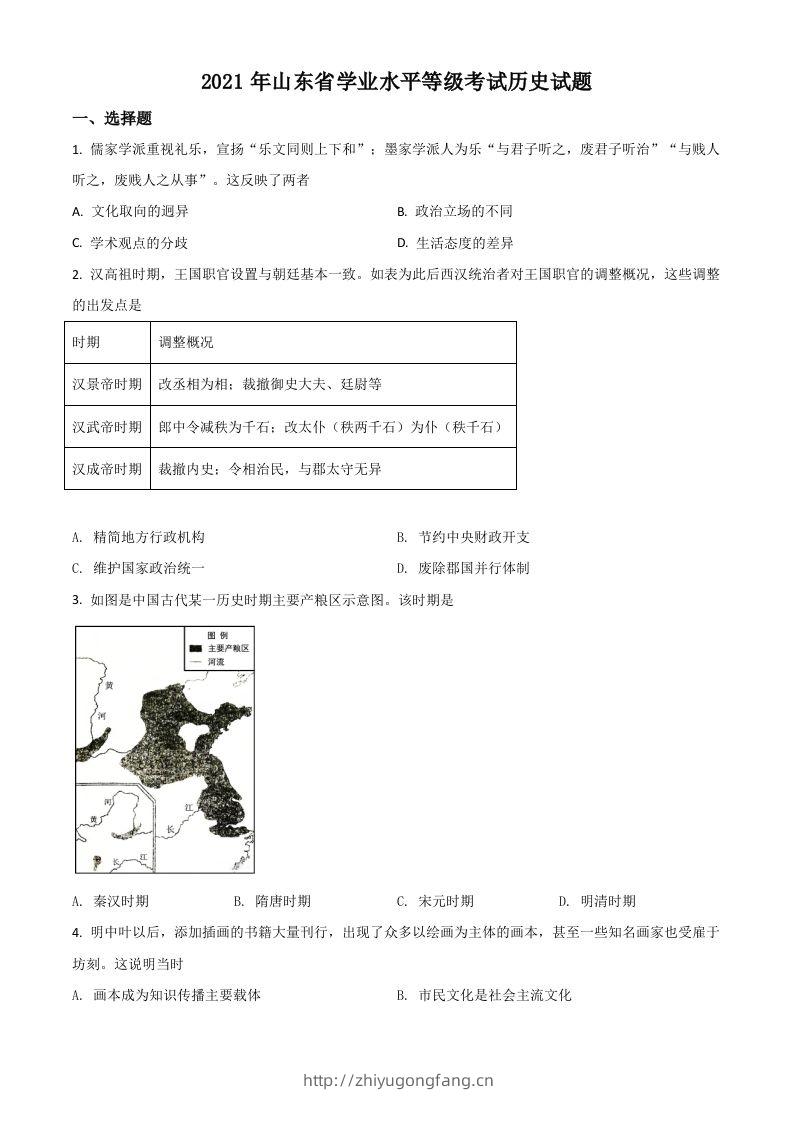 2021年高考历史试卷（山东）（空白卷）-学习资料站