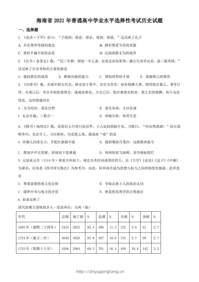 2021年高考历史试卷（海南）（空白卷）-学习资料站