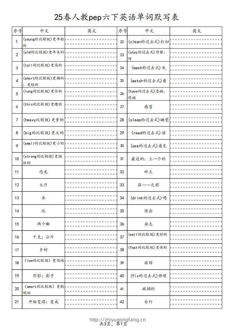 【默写】25春人教pep六下英语单词默写表（3页）-学习资料站