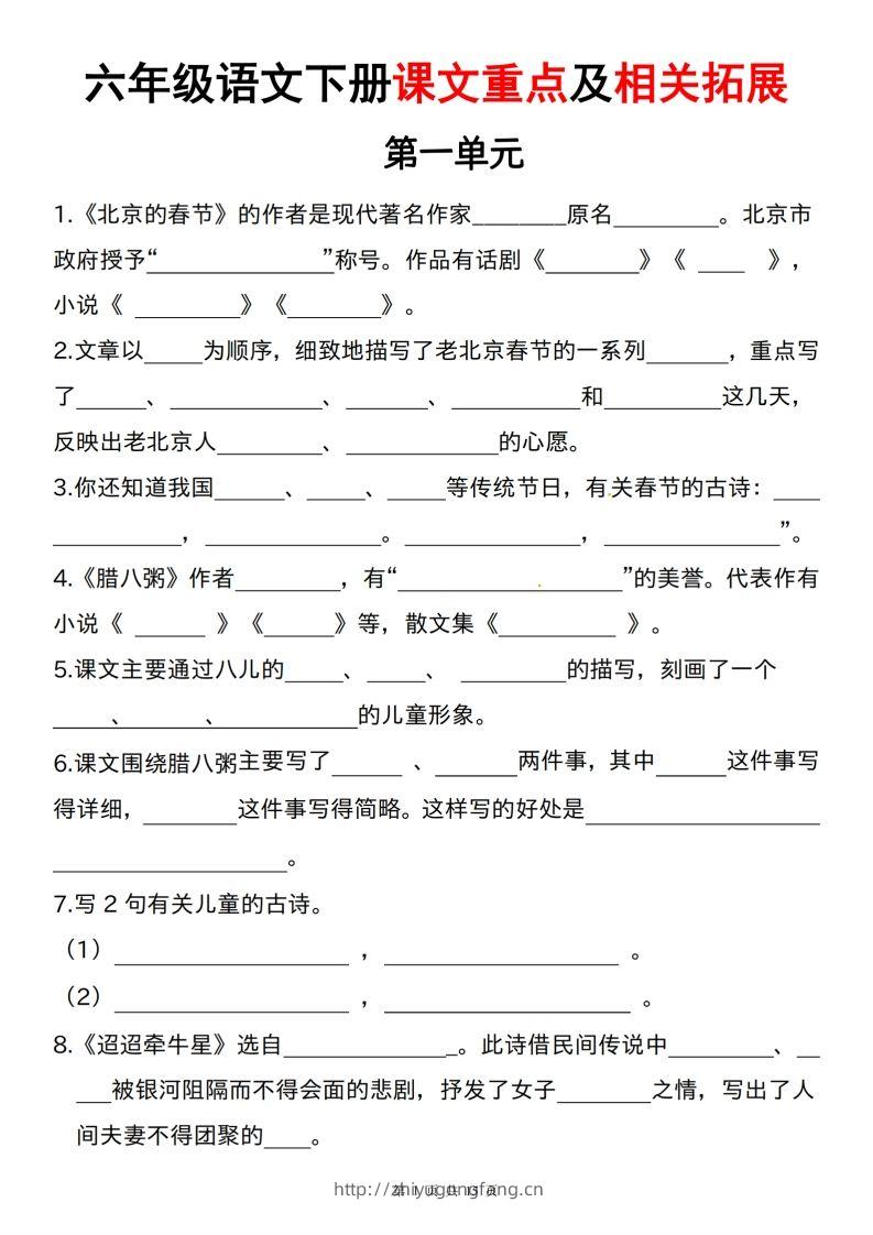 六下语文课文重点及相关拓展（1-6单元)-学习资料站