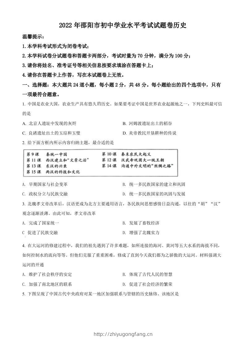 2022年湖南省邵阳市中考历史真题（空白卷）-学习资料站
