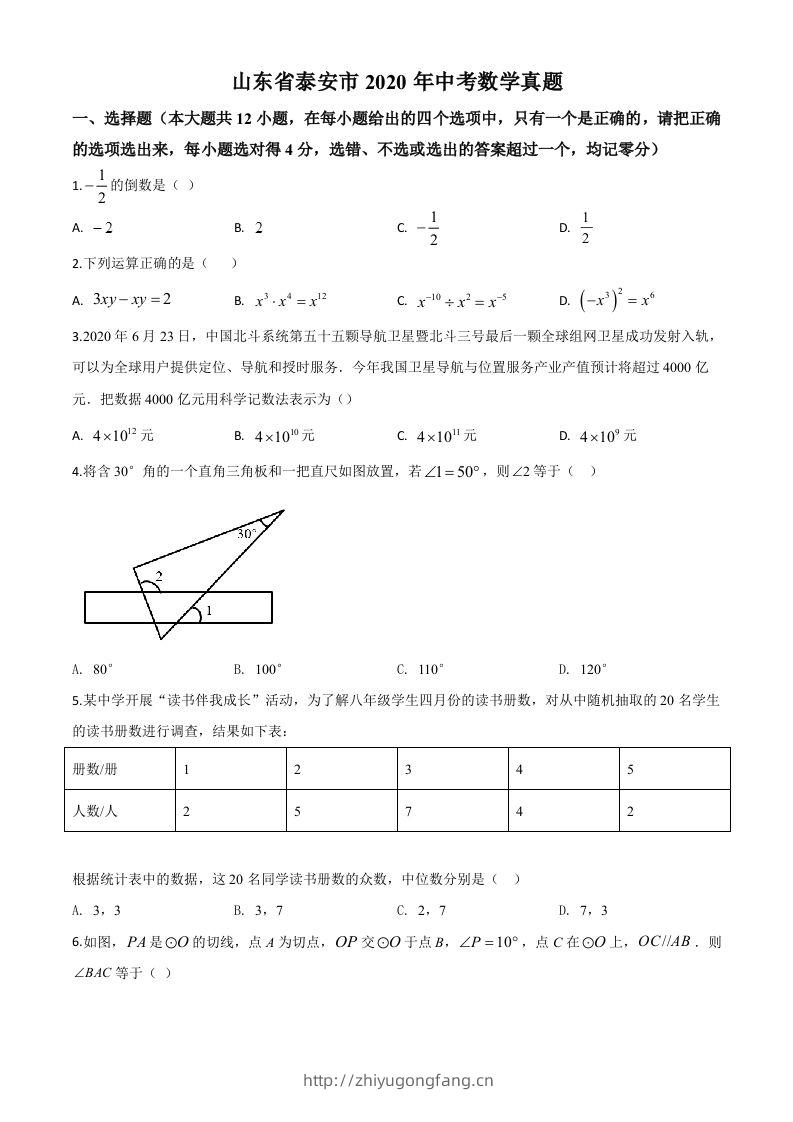 山东省泰安市2020年中考数学试题（空白卷）-学习资料站