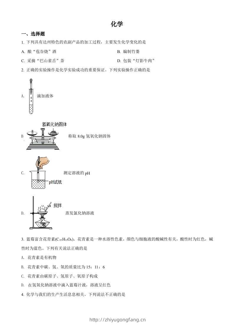 2022年四川省达州市中考化学真题（空白卷）-学习资料站