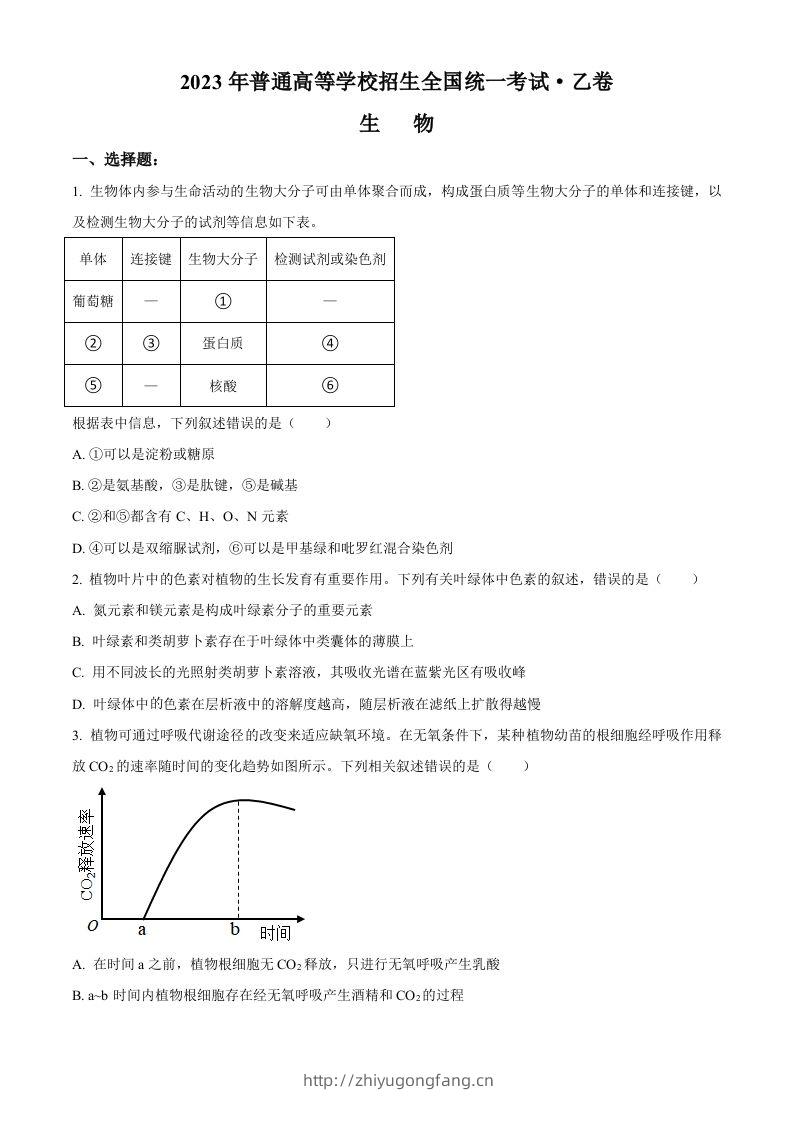 2023年高考生物试卷（全国乙卷）（空白卷）-学习资料站
