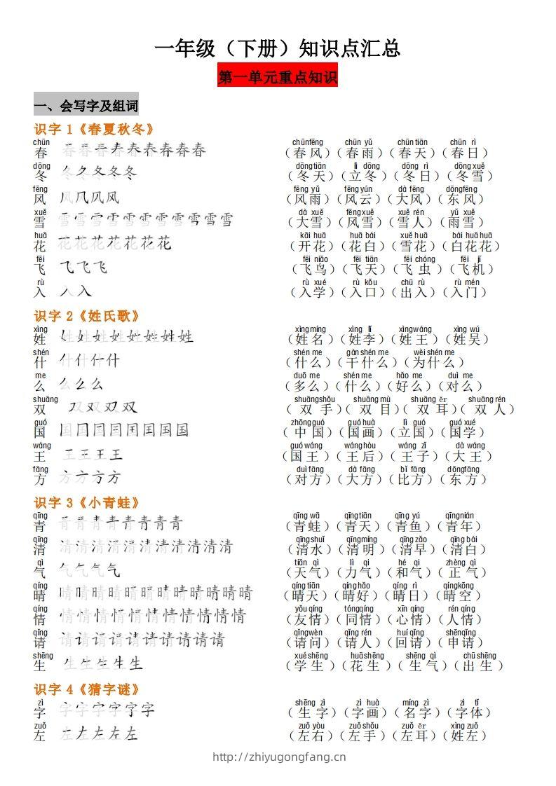 一年级（下册）知识点汇总-学习资料站