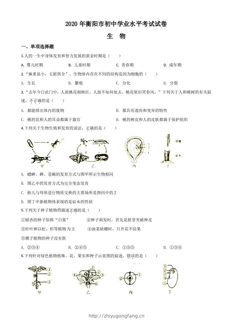 湖南省衡阳市2020中考生物试题（空白卷）-学习资料站