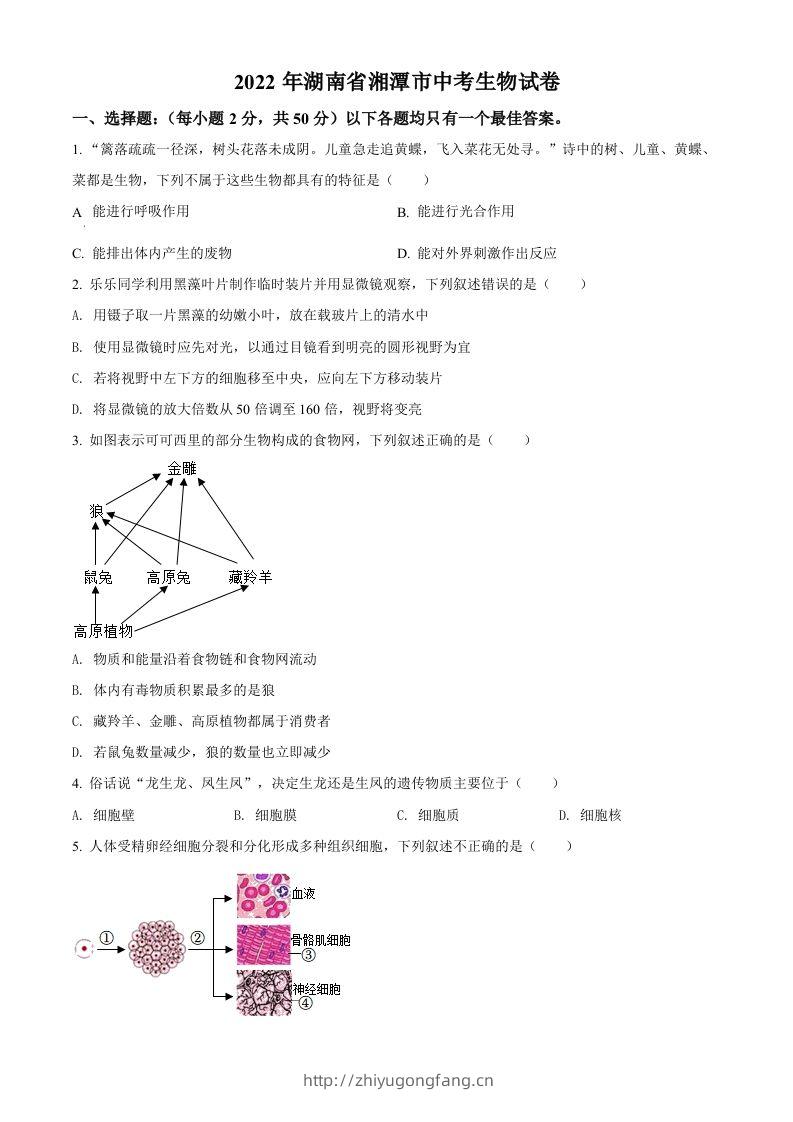 2022年湖南省湘潭市中考生物试题（空白卷）-学习资料站