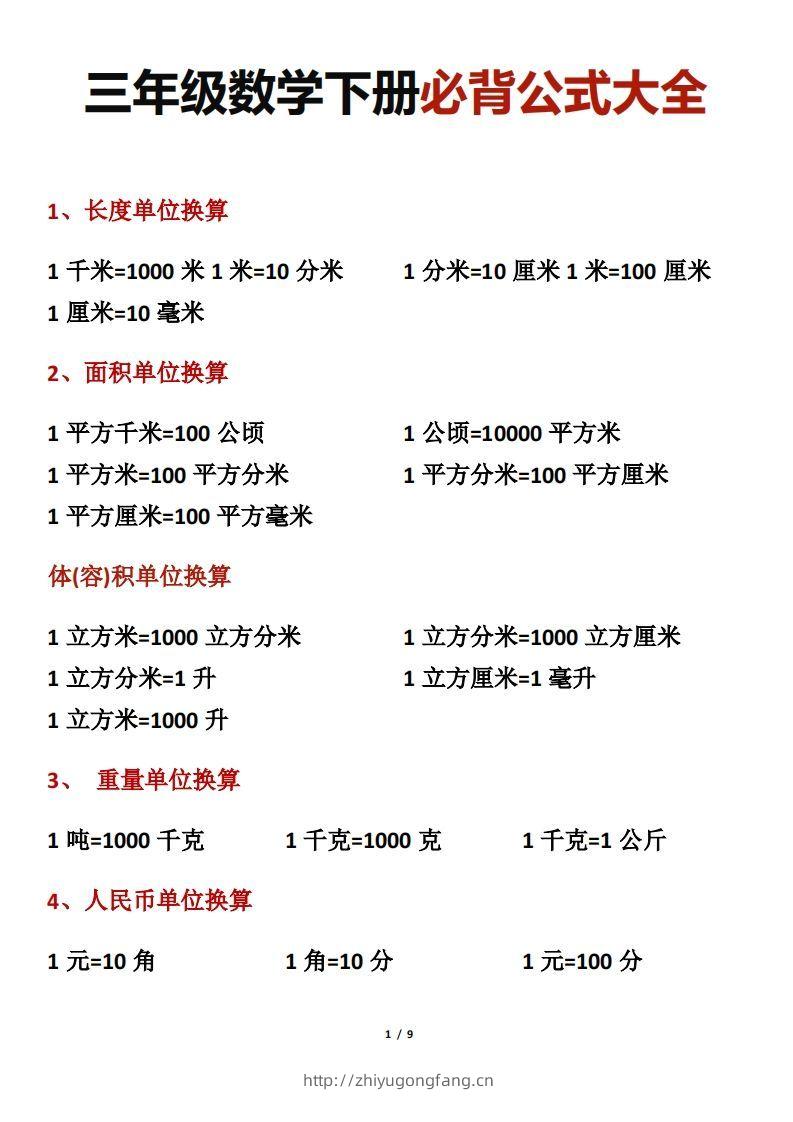 三年级数学下册必背公式大全-学习资料站