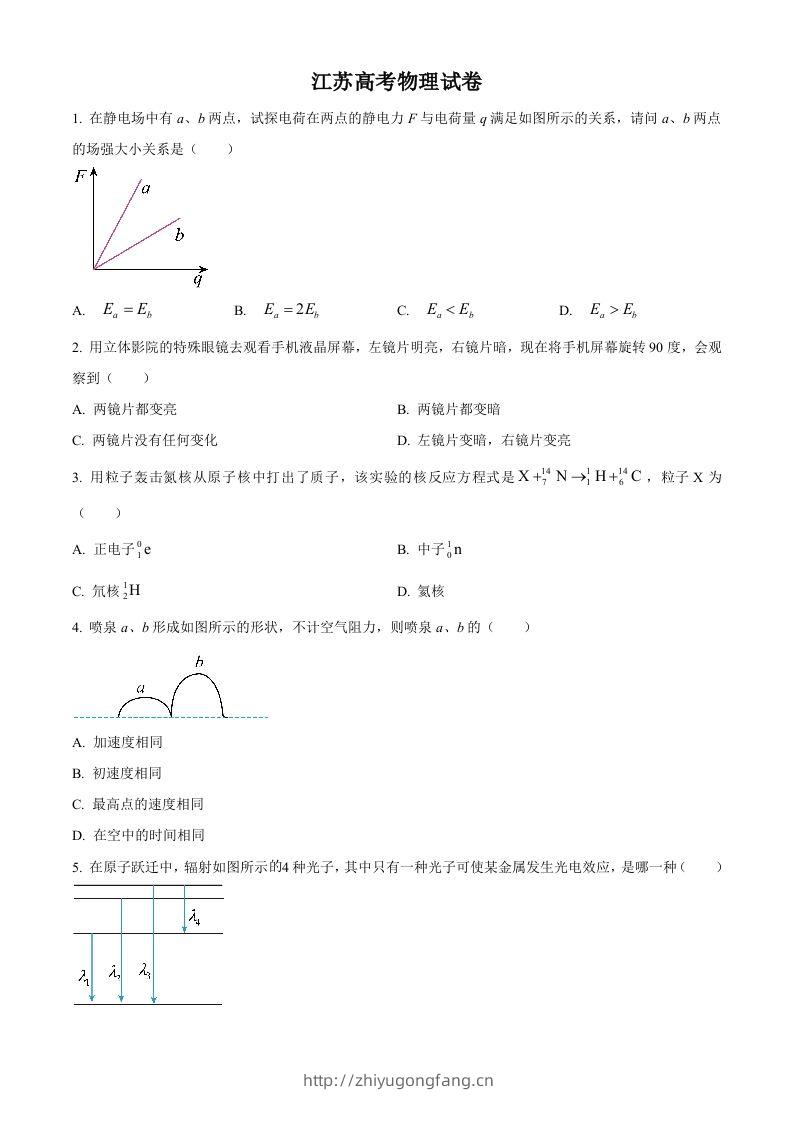 2024年高考物理试卷（江苏）（回忆版）（空白卷）缺第8题、第16题-学习资料站