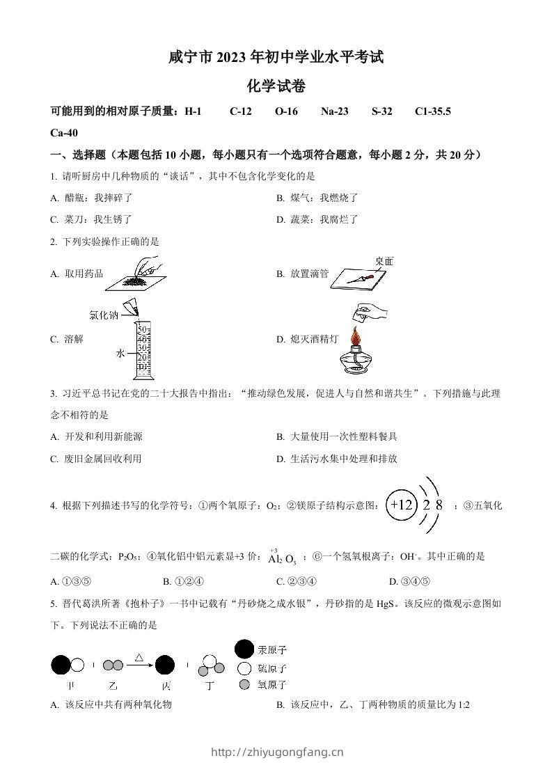 2023年湖北省咸宁市中考化学真题（空白卷）-学习资料站