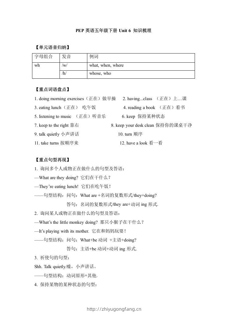 五年级英语下册单元知识梳理-Unit6Workquietly（人教PEP版）-学习资料站