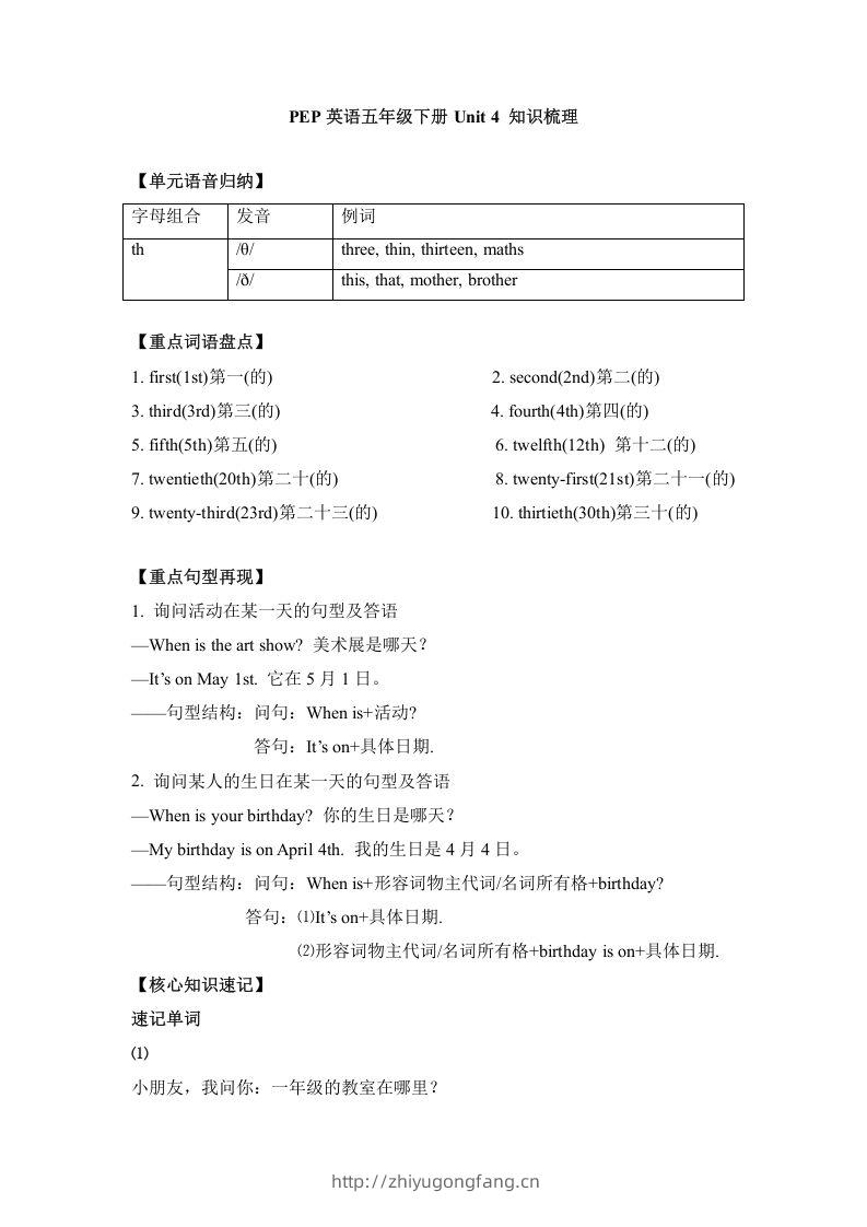 五年级英语下册单元知识梳理-Unit4Whenistheartshow（人教PEP版）-学习资料站