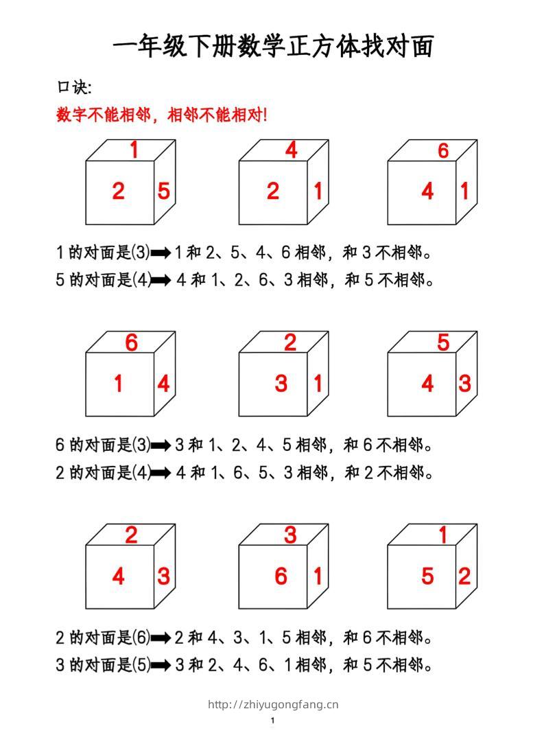一年级下册数学正方体找对面-学习资料站