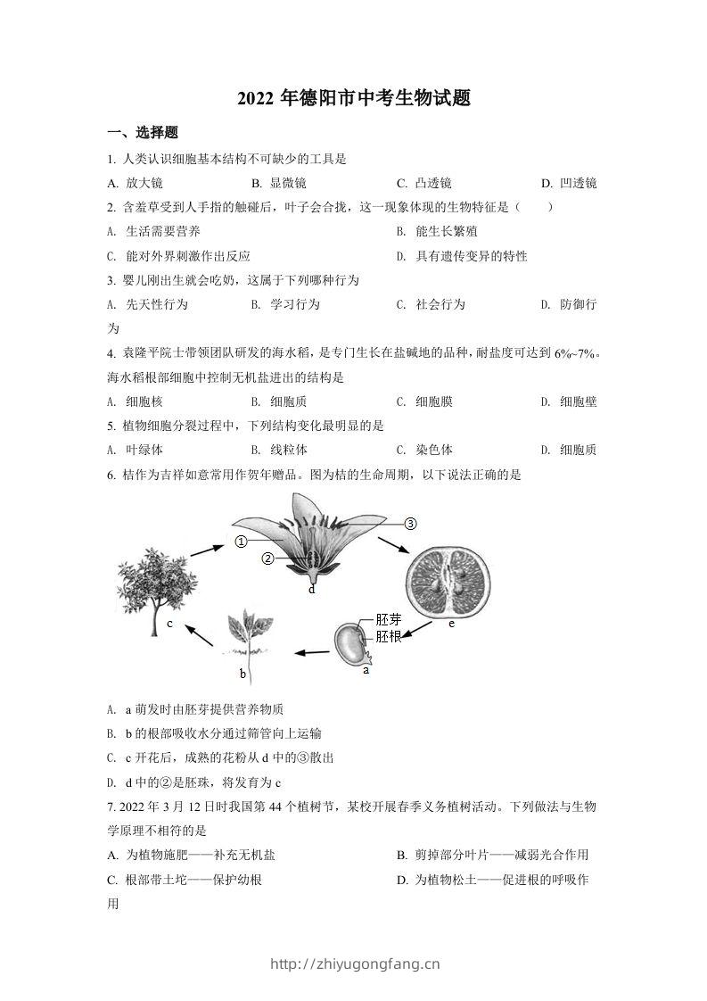 2022年四川省德阳市中考生物真题（空白卷）-学习资料站