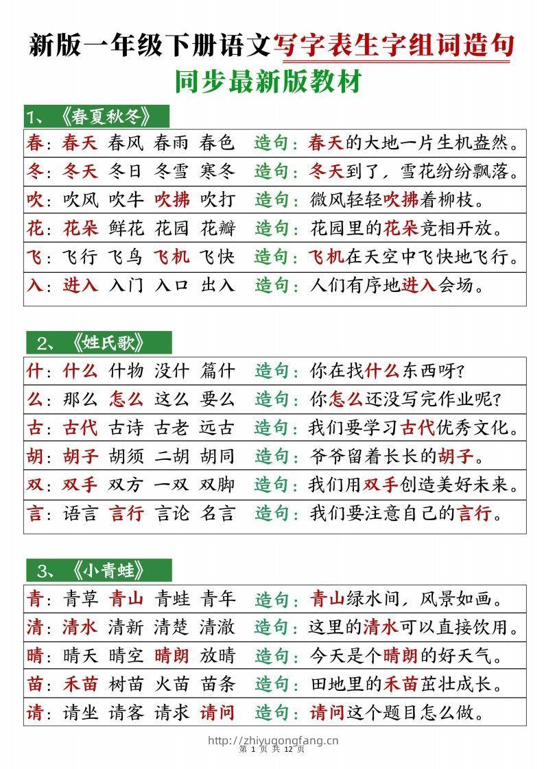 2472【25春新一下语文写字表生字组词造句12页-学习资料站