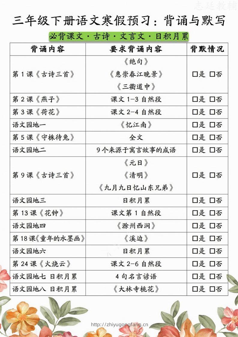 三下语文寒假预习：背诵与默写-学习资料站