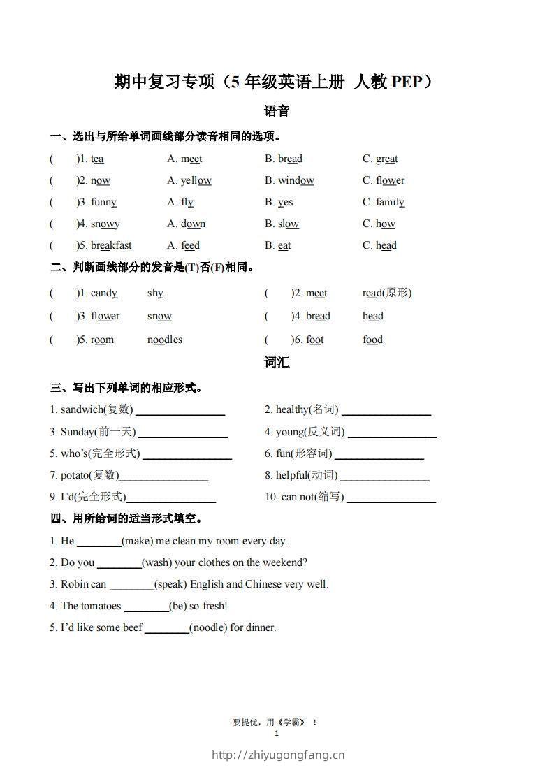 期中复习专项（五上英语人教版）-学习资料站
