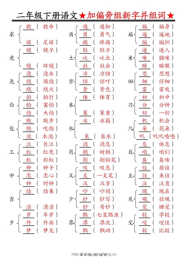 图片[2]-二下语文【加偏旁部首组新字并组词】专项练习（含答案12页）-学习资料站