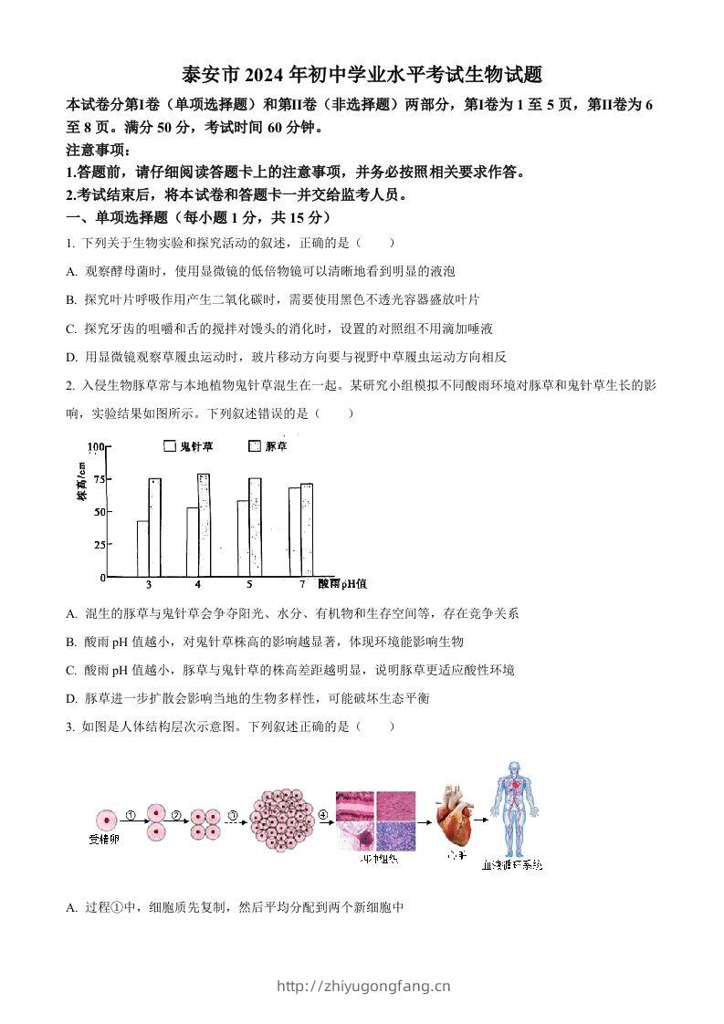 2024年山东省泰安市中考生物真题（空白卷）-学习资料站