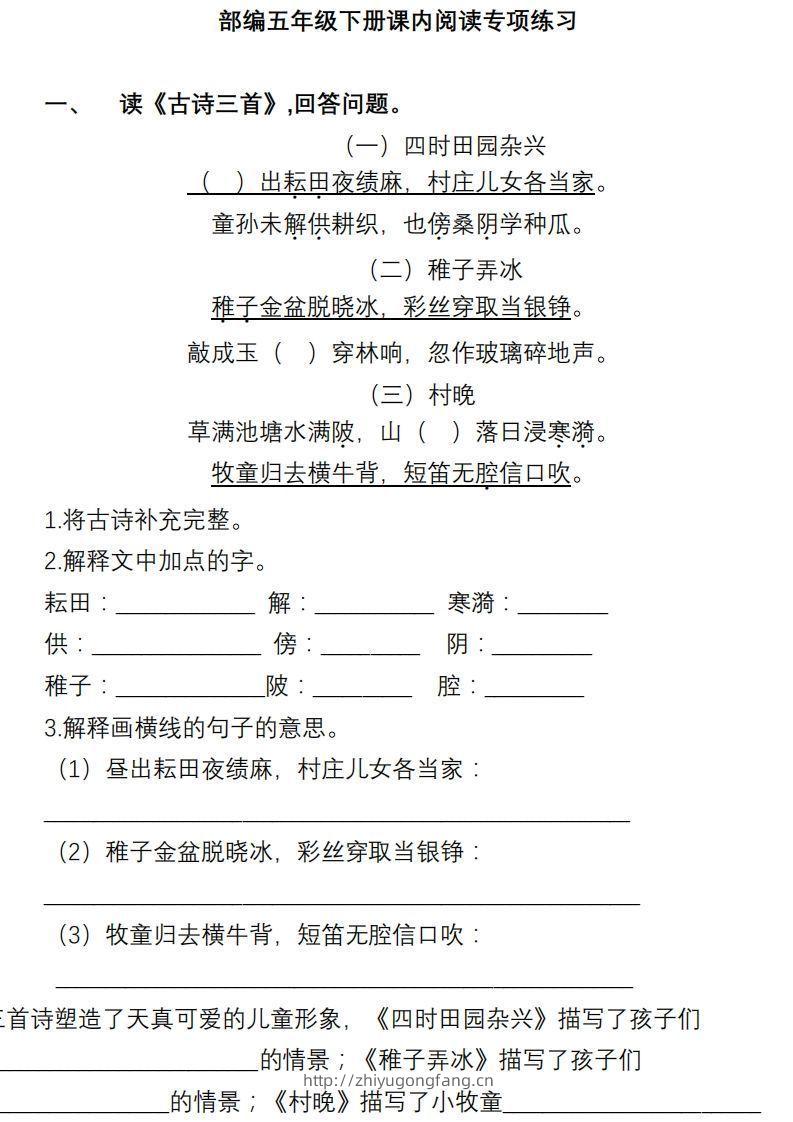 【课内阅读专项训练】五下语文-学习资料站