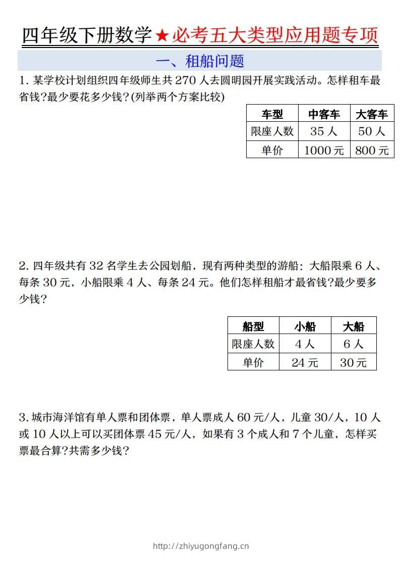 【专项】四下数学必考五大类型应用题（含答案，通用版）-学习资料站