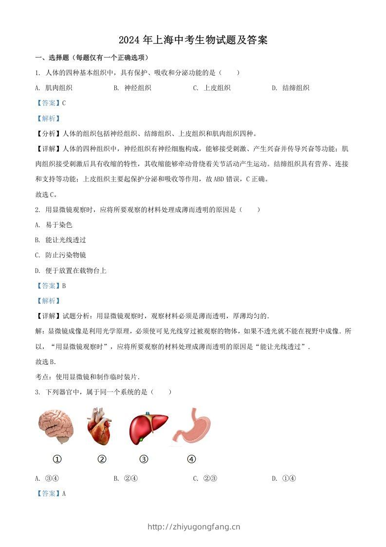 2024年上海中考生物试题及答案(Word版)-学习资料站