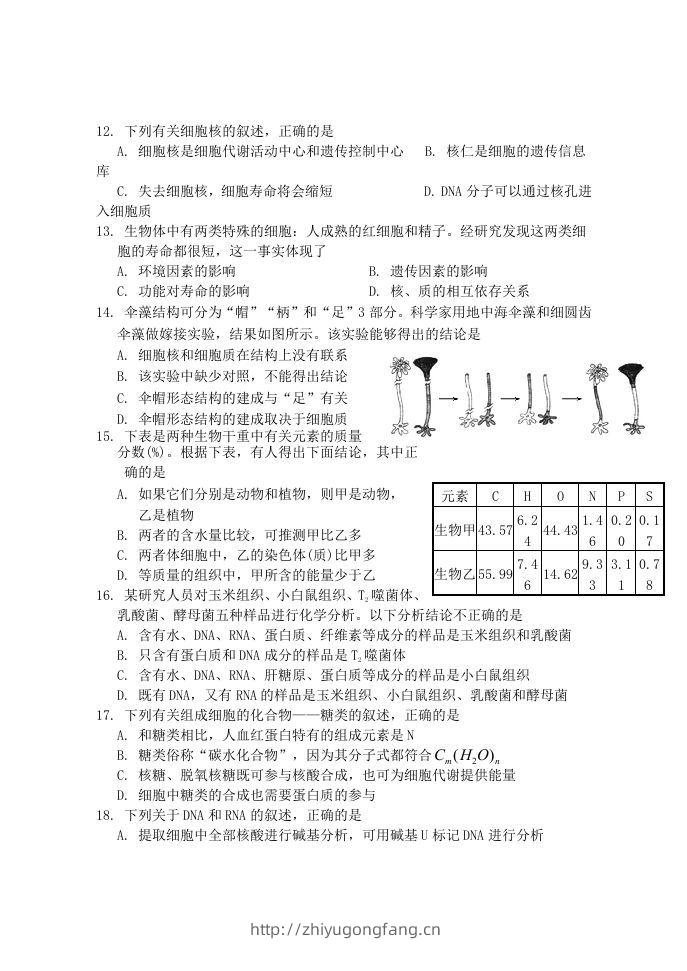 图片[3]-2019-2020年福建省南平市浦城县高一生物上学期期中试卷及答案(Word版)-学习资料站