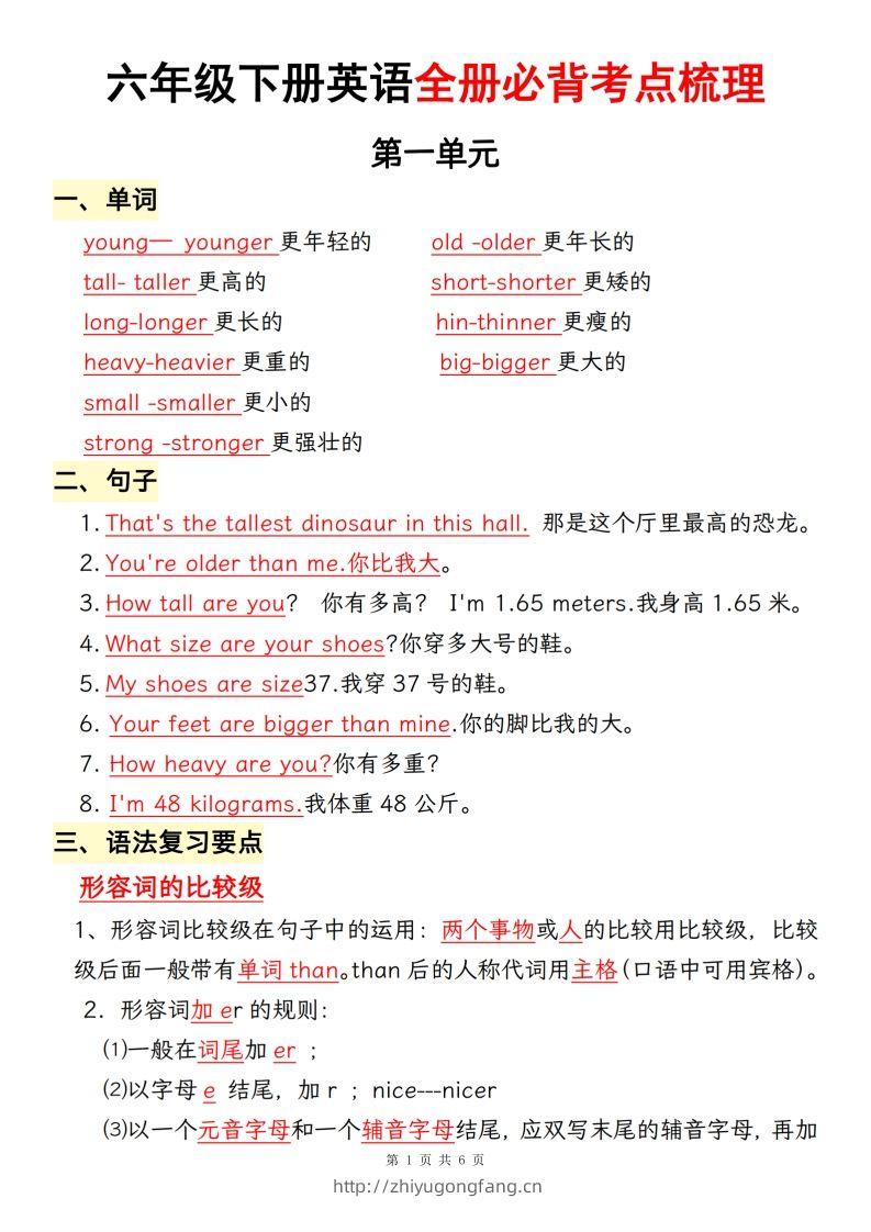 六年级下册英语全册必背考点梳理【人教pep】-学习资料站