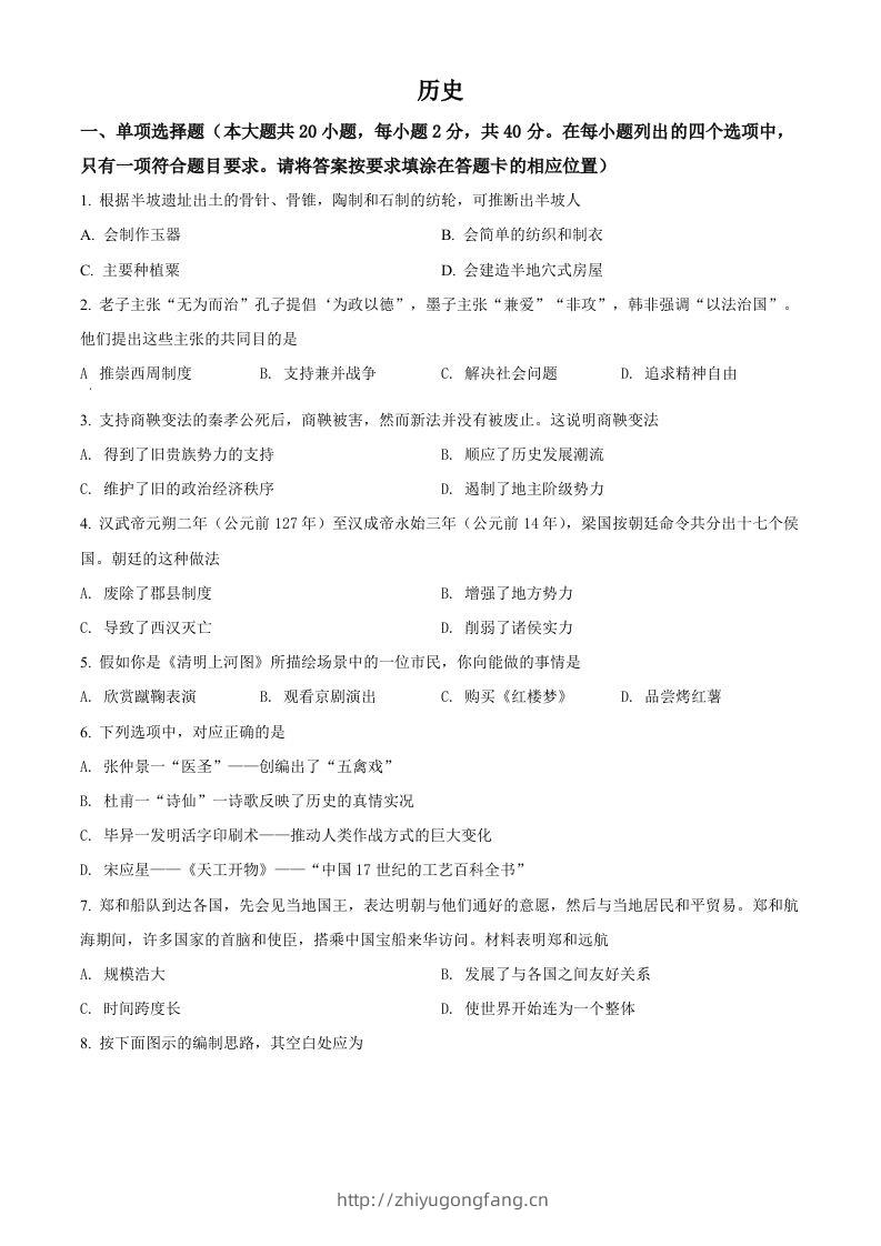2022年江西省中考历史真题（空白卷）-学习资料站