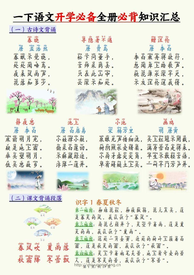 【25春一下语文开学必备全册必背知识汇总（十三类知识点）17页-学习资料站