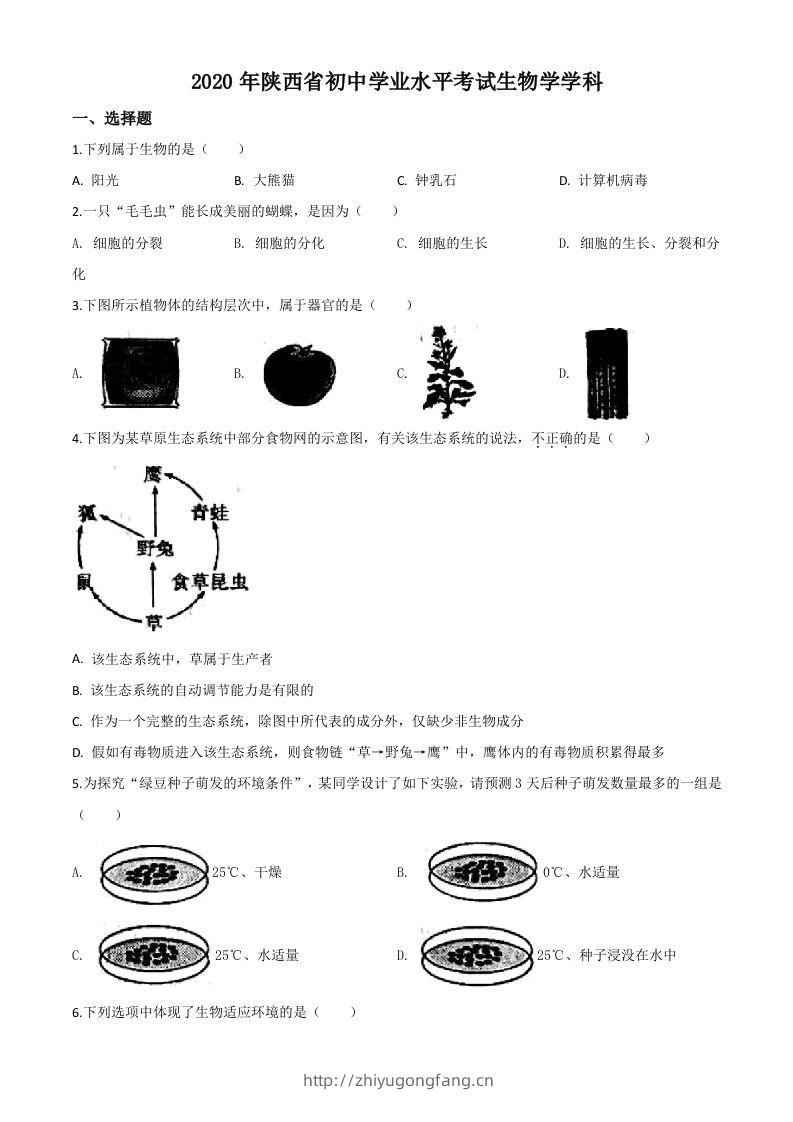 陕西省2020年中考生物试题（空白卷）-学习资料站