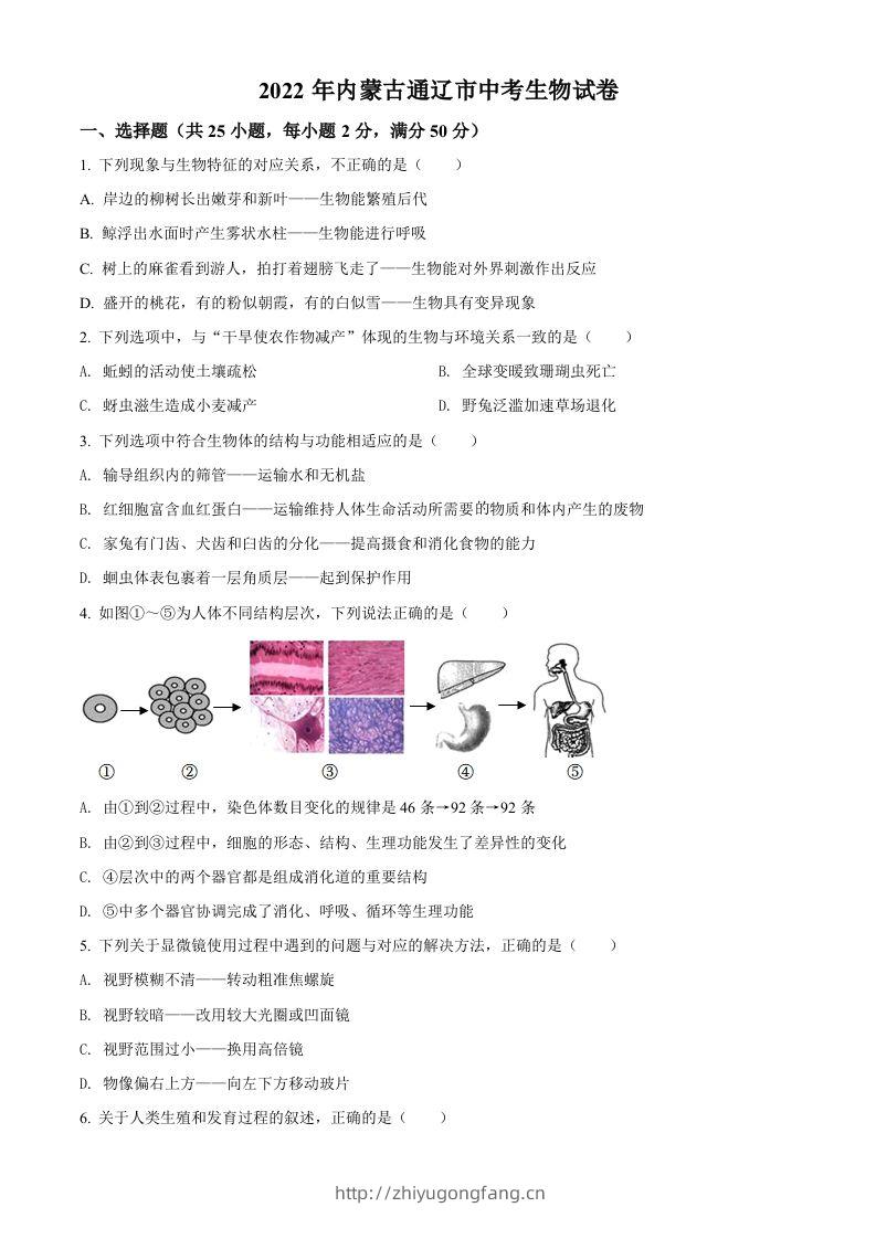 2022年内蒙古通辽市中考生物真题（空白卷）-学习资料站