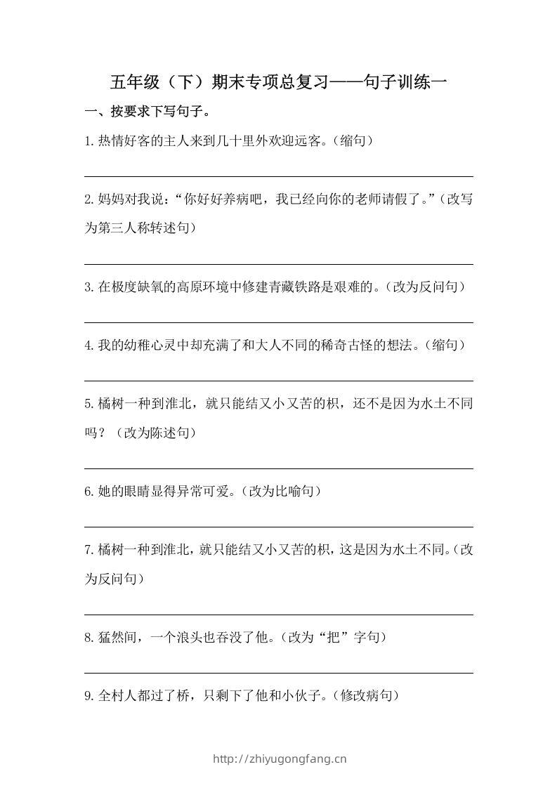 五年级语文下册期末句子训练专项训练（一）（含答案）（部编版）-学习资料站