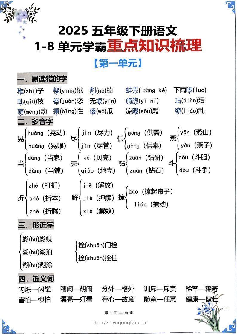 【知识点】五下语文1-8单元学霸重点知识梳理30页-学习资料站