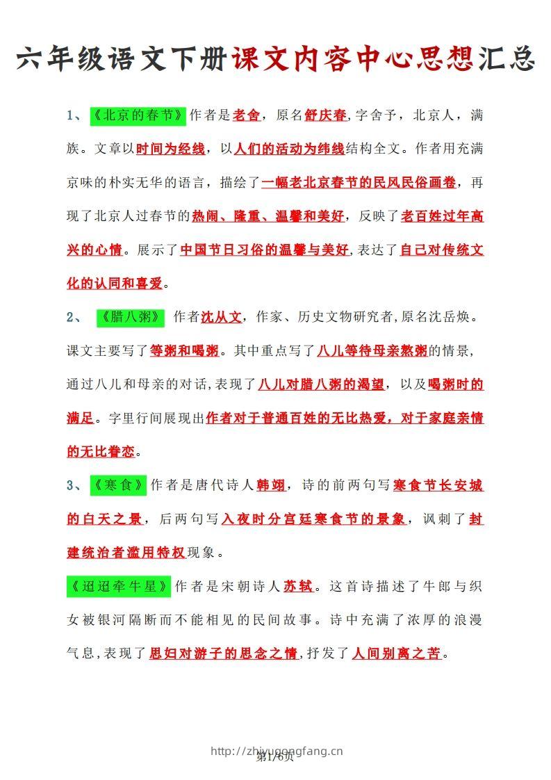 【课文内容中心思想汇总】六下语文-学习资料站
