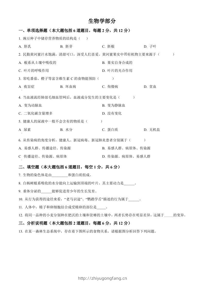 2022年甘肃省白银市中考生物真题（空白卷）-学习资料站