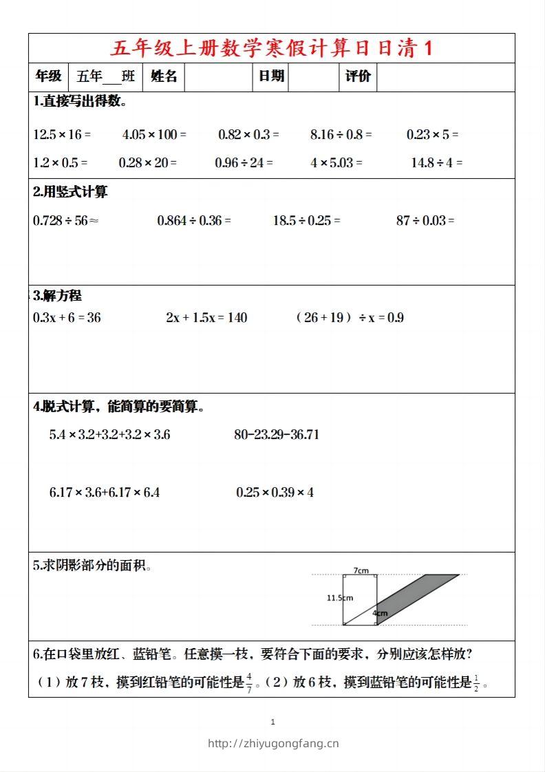 五年级下【数学寒假】日日清20天含答案57页-学习资料站