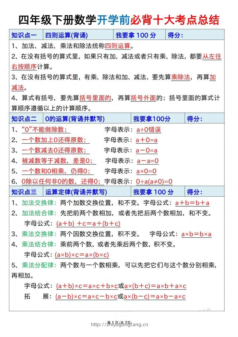 四下数学必背十大考点总结7页-学习资料站