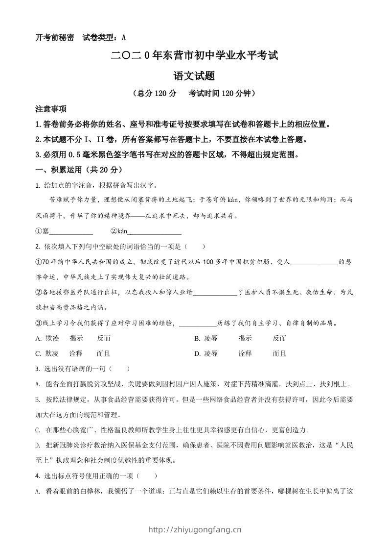 山东省东营市2020年中考语文试题（空白卷）-学习资料站