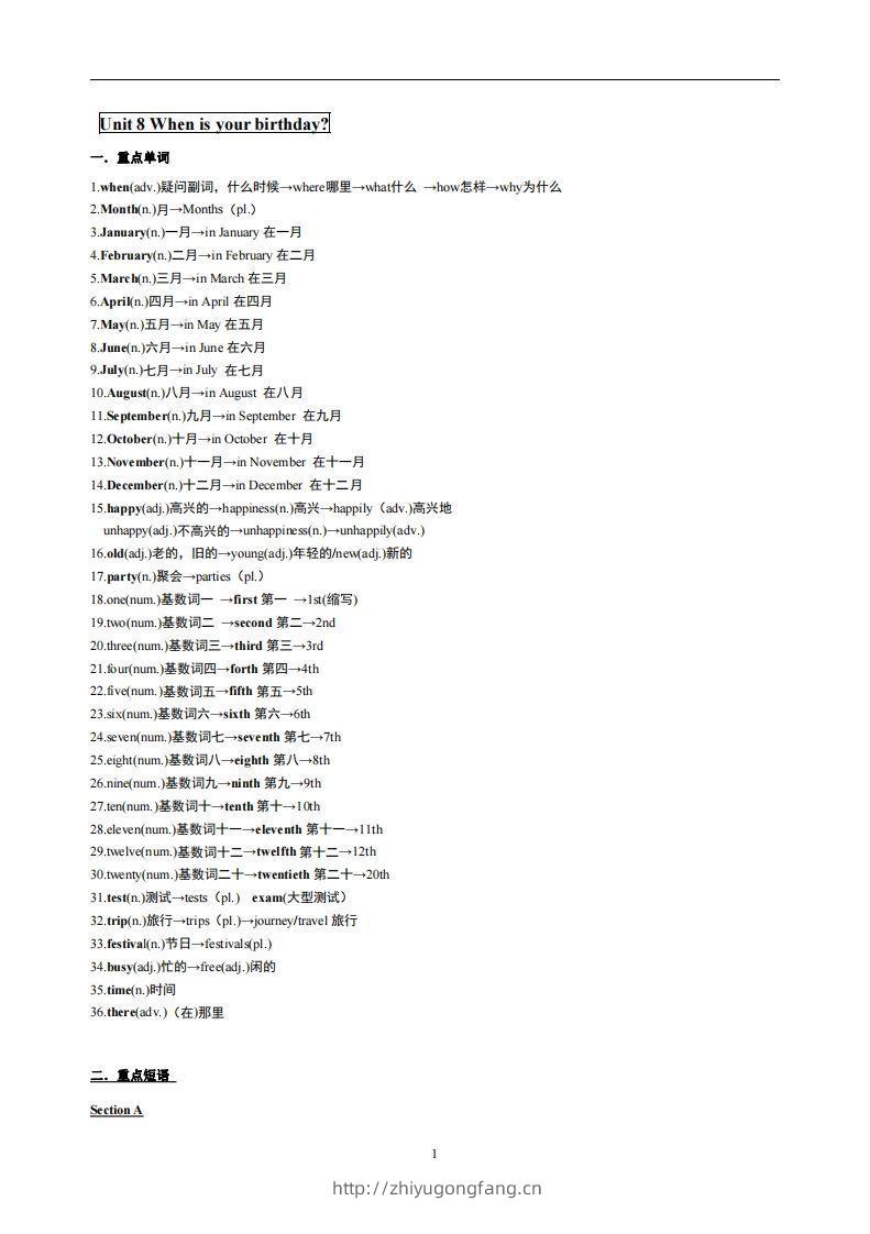 8.人教版七年级上英语Unit8复习提纲-学习资料站