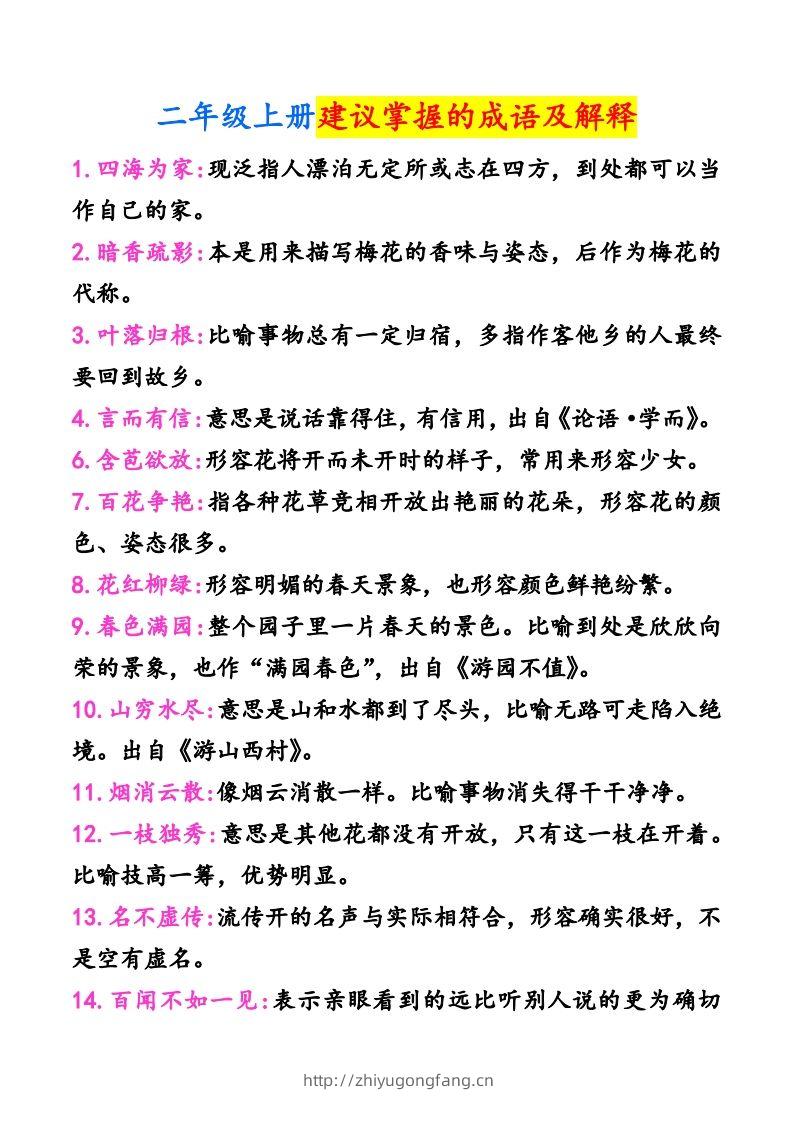 二年级上册语文建议掌握的成语及解释-学习资料站