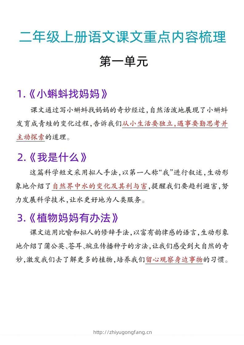 二年级语文上册课文重点内容梳理-学习资料站